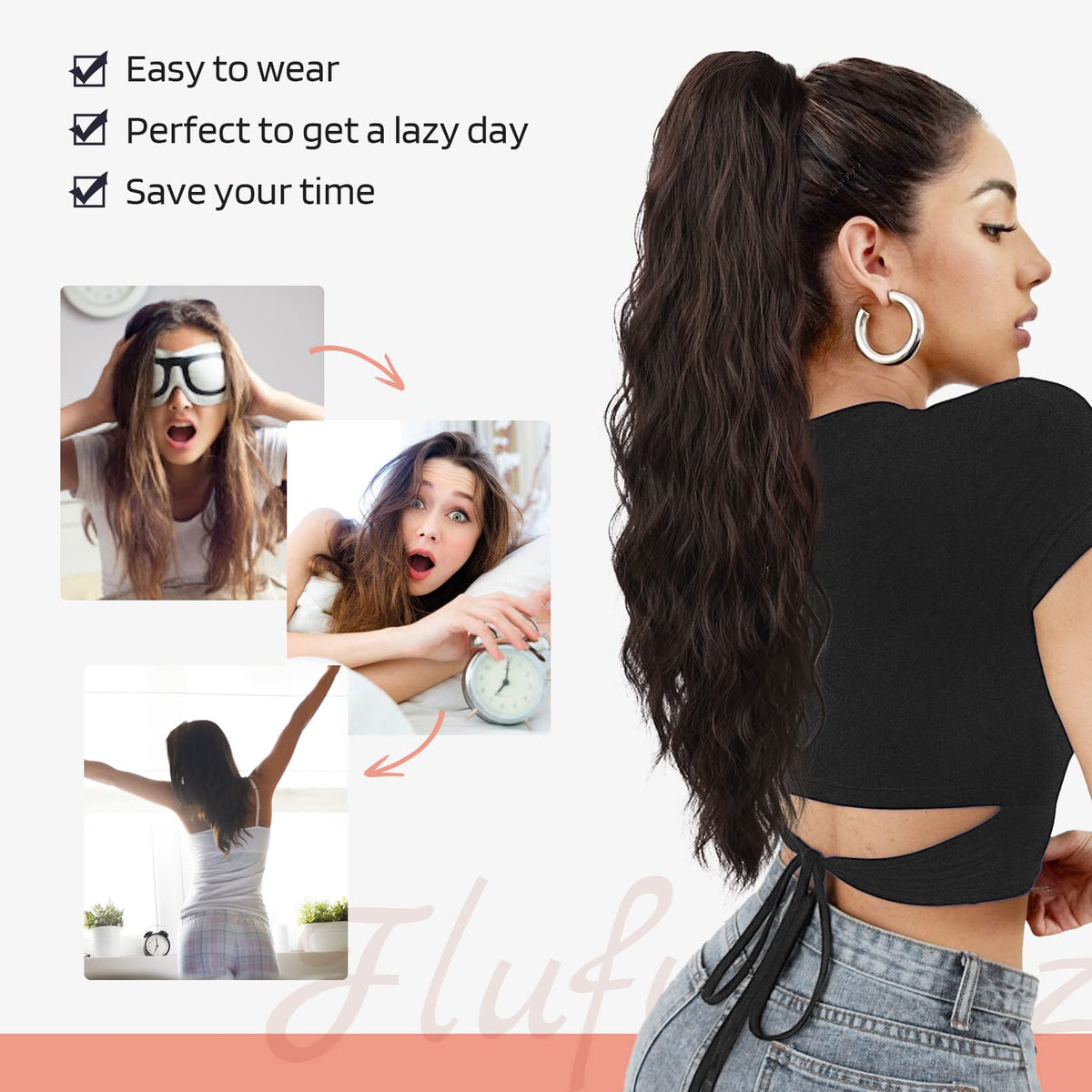 Flufymooz lightweight hairpiece blends with natural hair for comfortable all-day wear.