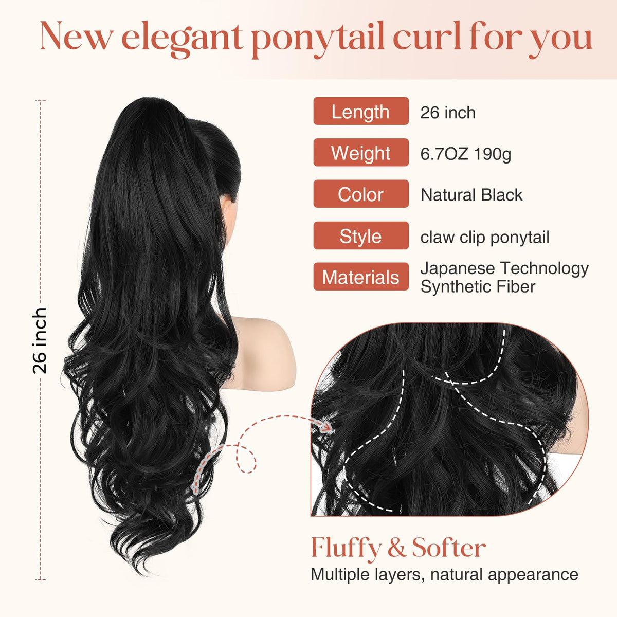 Flufymooz long, wavy clip-in ponytail in natural-black with soft movement.
