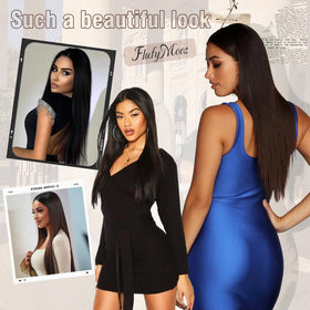 Model wearing Flufymooz 24-inch black brown extensions daily look
