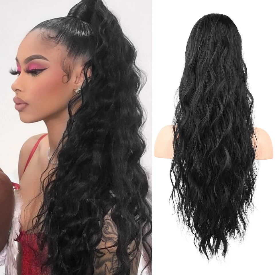 Flufymooz 26-inch natural black ponytail extension adds instant volume and length.