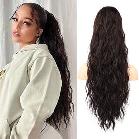 Flufymooz pony tail extension 26in in black brown adds instant volume and natural shine.