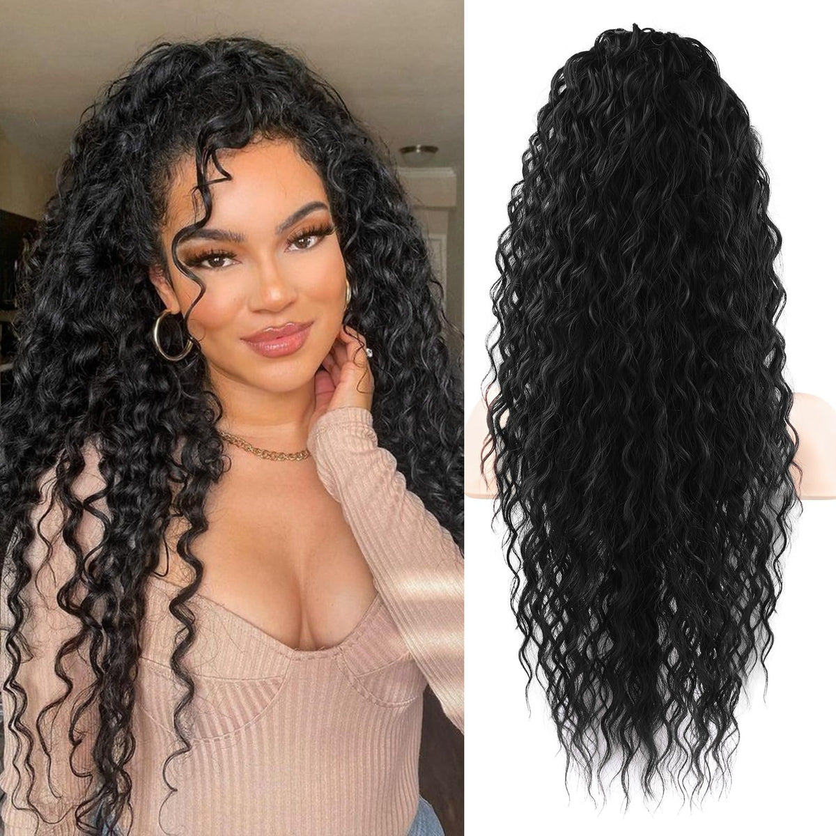 Flufymooz 26-inch bohemian curl pony tail extension for natural, voluminous black hair