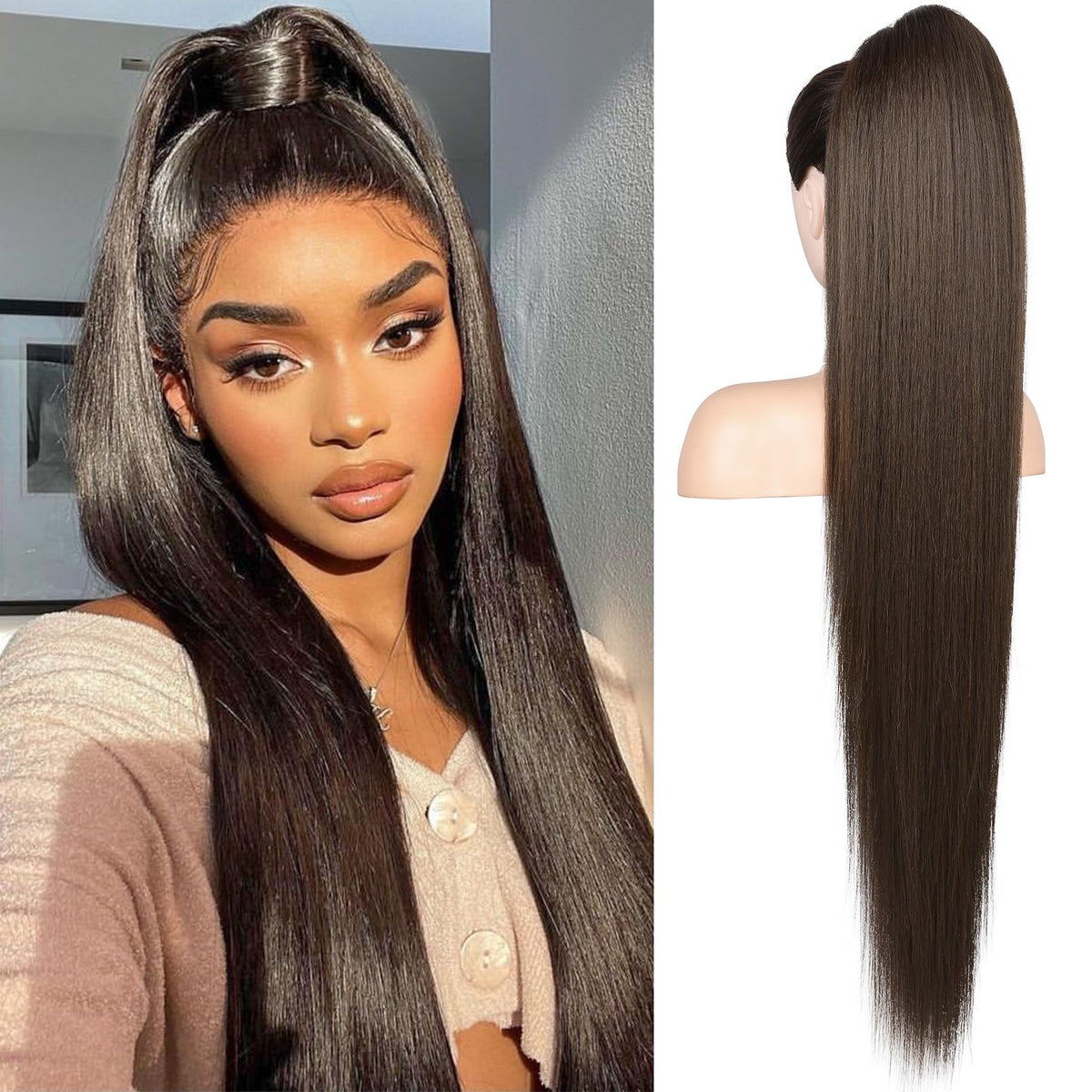 Flufymooz pony tail extension 36 inch straight drawstring adds instant length and volume