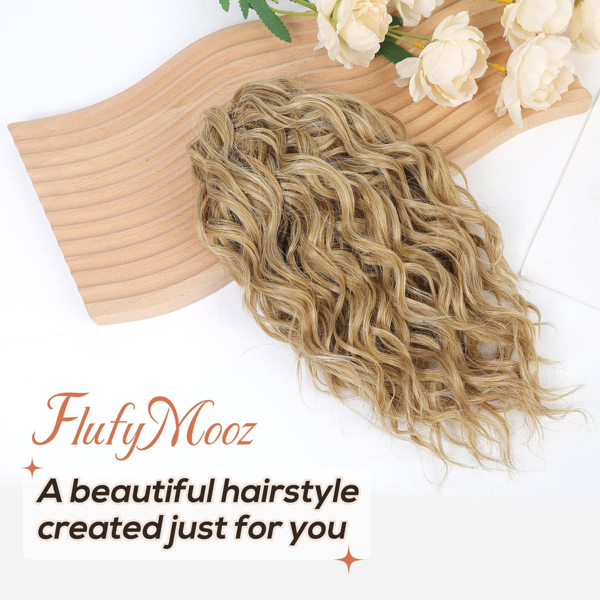 Flufymooz pony tail extension with wavy curly design adds natural movement and texture.