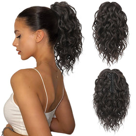 Flufymooz ponytail extension in 12-inch wavy curls for instant volume.