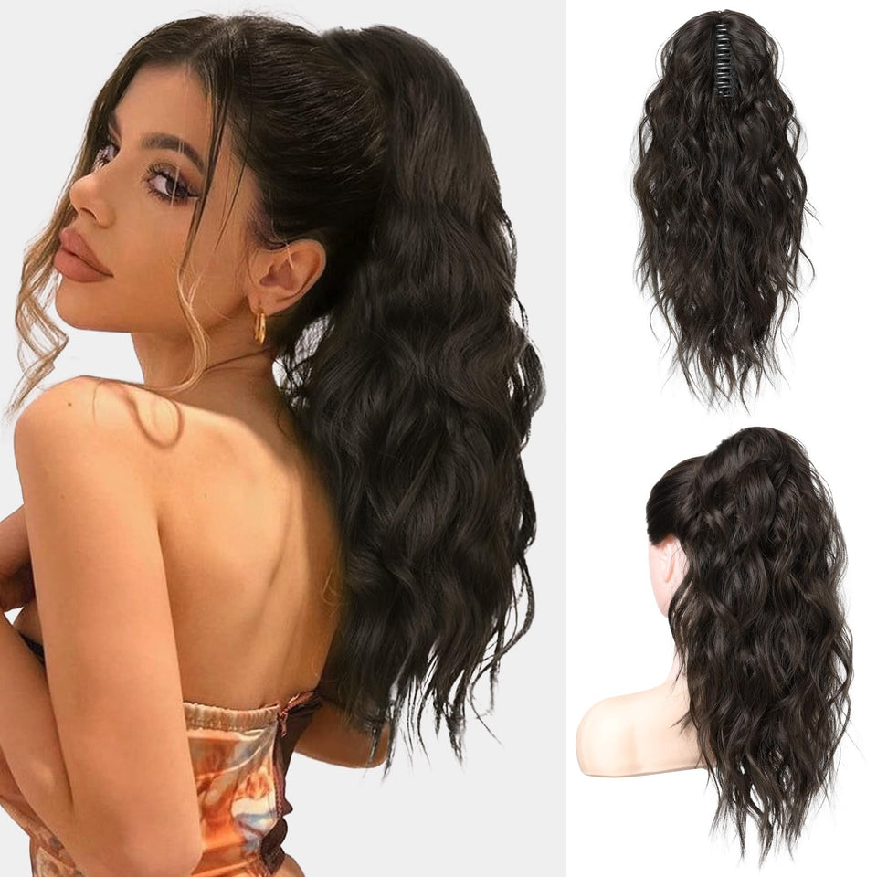 Flufymooz ponytail extension with claw clip adds voluminous, natural-looking waves
