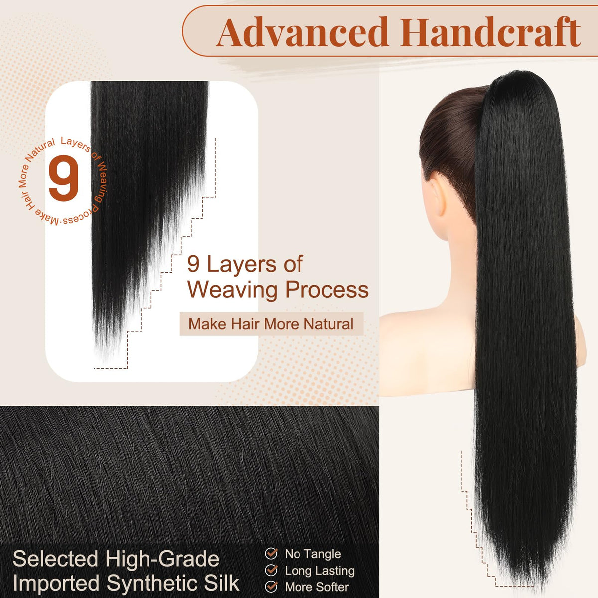 Flufymooz ponytail extension with drawstring clip demonstrates secure, all-day wear.