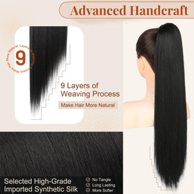 Flufymooz ponytail extension with drawstring clip demonstrates secure, all-day wear.