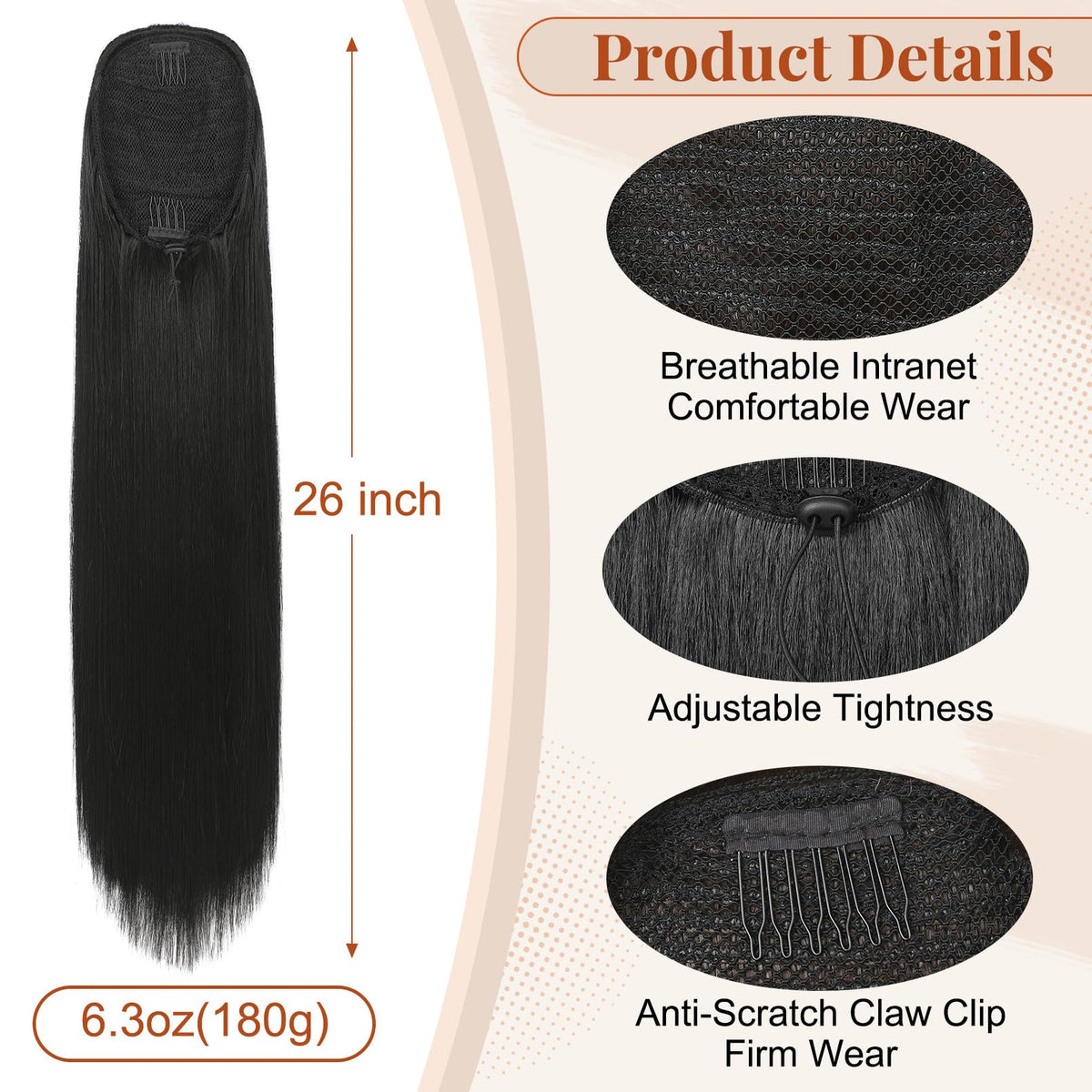 Flufymooz ponytail extension 26-inch length shown for dramatic daily transformation.