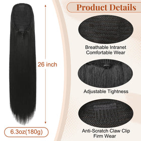 Flufymooz ponytail extension 26-inch length shown for dramatic daily transformation.
