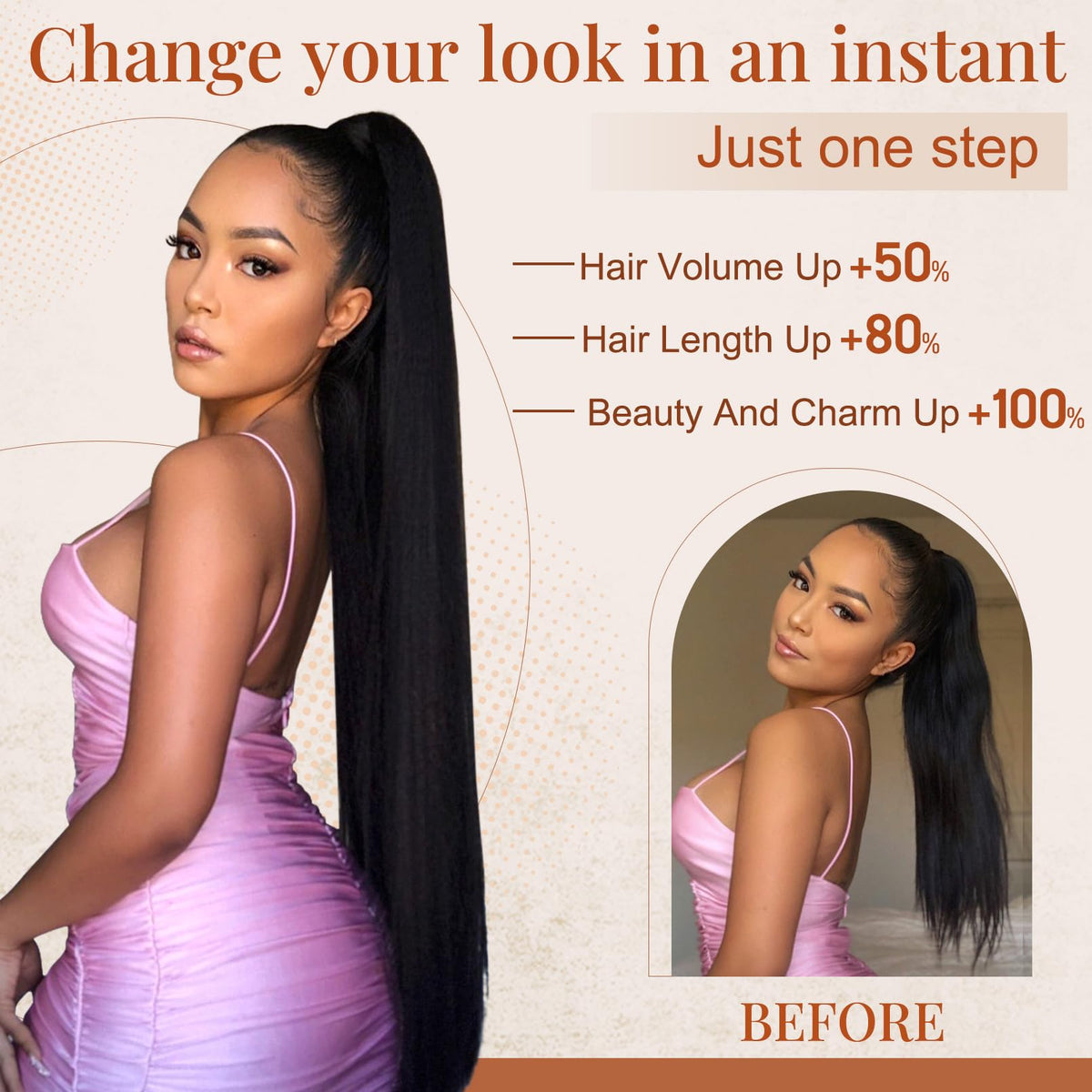 Flufymooz ponytail extension packaging highlighting easy setup and quick styling.