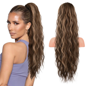 Flufymooz 26-inch ponytail in deep brown with dirty blonde for instant volume