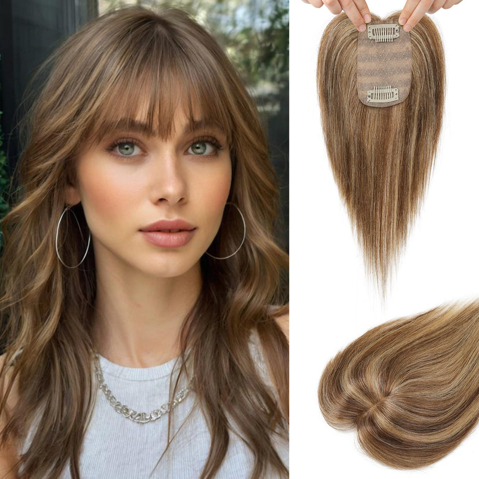 Flufymooz real human hair topper bangs clip-in for instant volume and a natural look.
