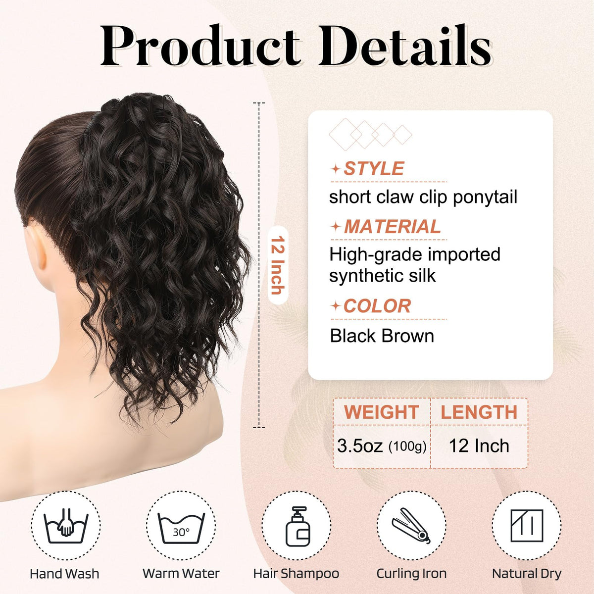 Flufymooz short 12-inch ponytail adds natural lift in black-brown.