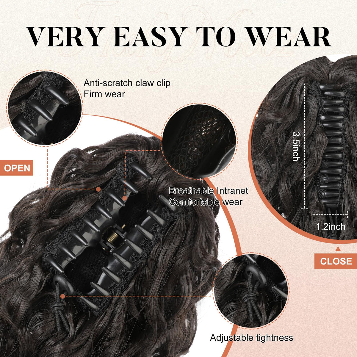 Flufymooz synthetic hairpiece delivers curly waves for everyday wear.