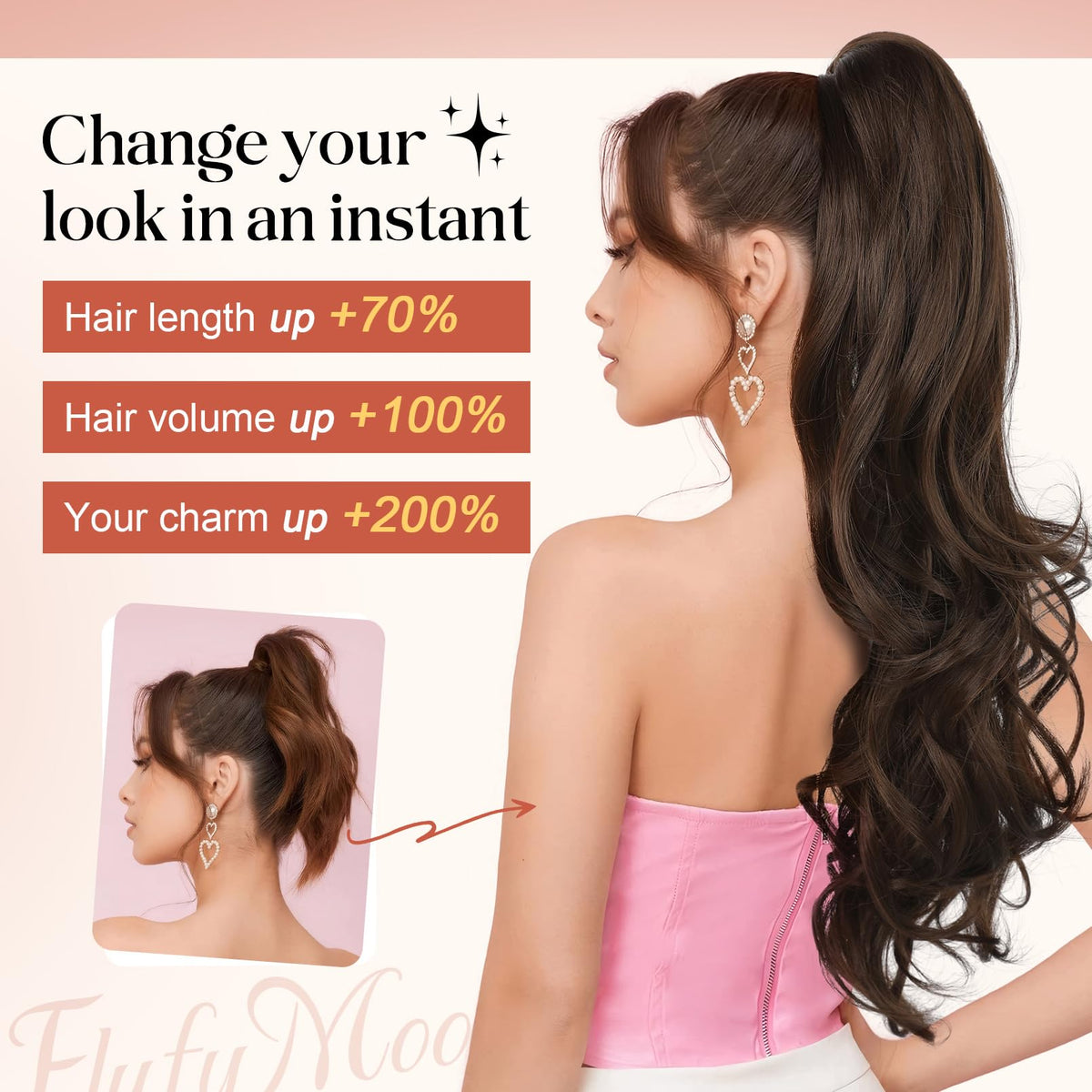 Flufymooz top-claw clip securely anchors the ponytail.