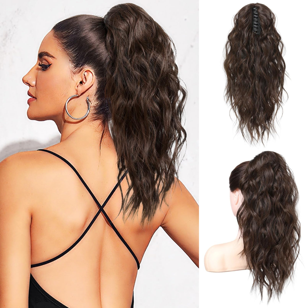 Flufymooz wavy curly claw clip ponytail in dark chocolate brown adds instant volume