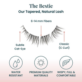 FlutterHabit Bestie Lashes applied at the base of natural lashes for a natural look.