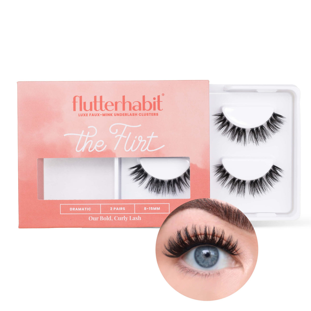 FlutterHabit Flirt lashes cat-eye clusters close-up for natural look.