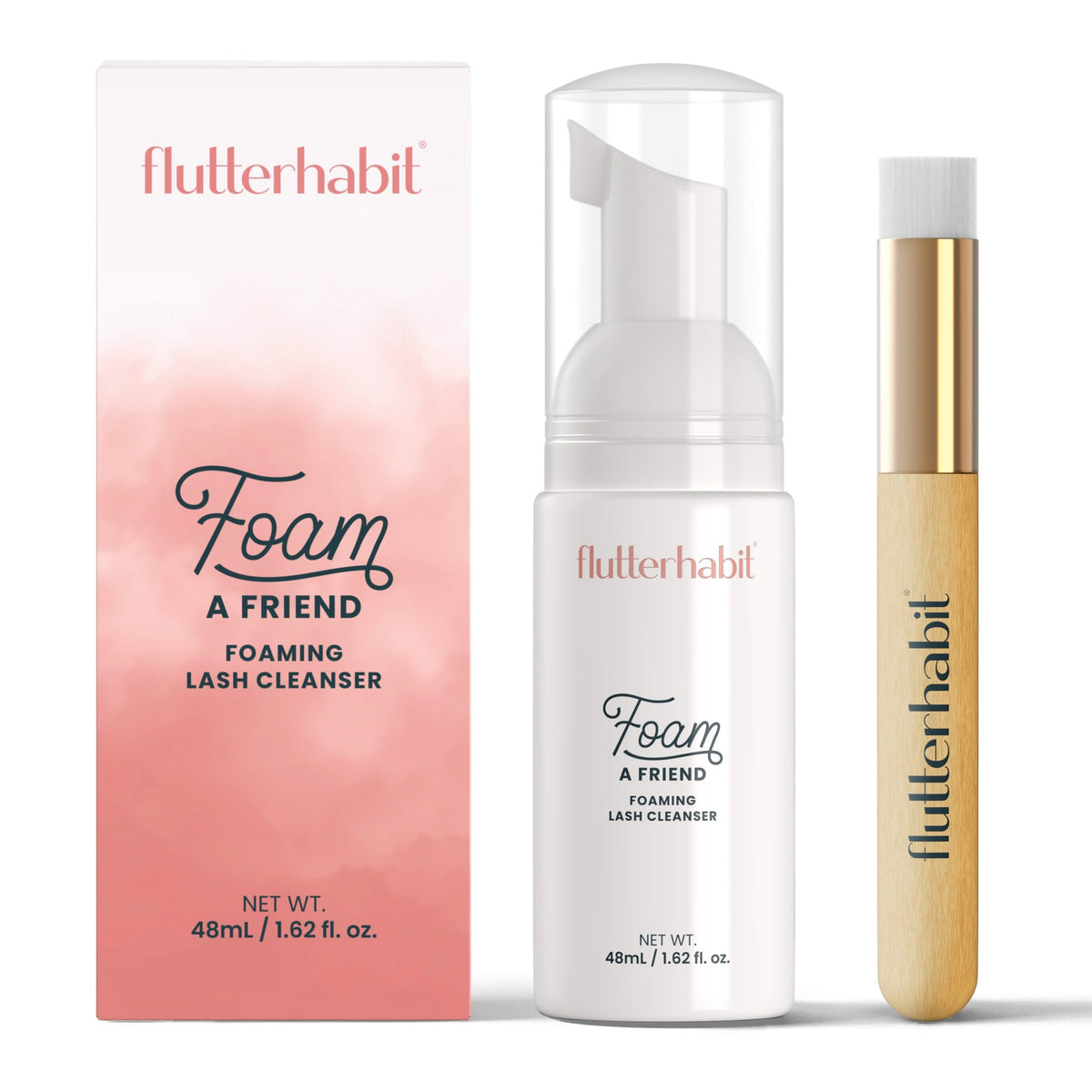 FlutterHabit lash shampoo bottle shows gentle cleansing for extensions