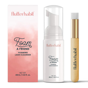 FlutterHabit lash shampoo bottle shows gentle cleansing for extensions