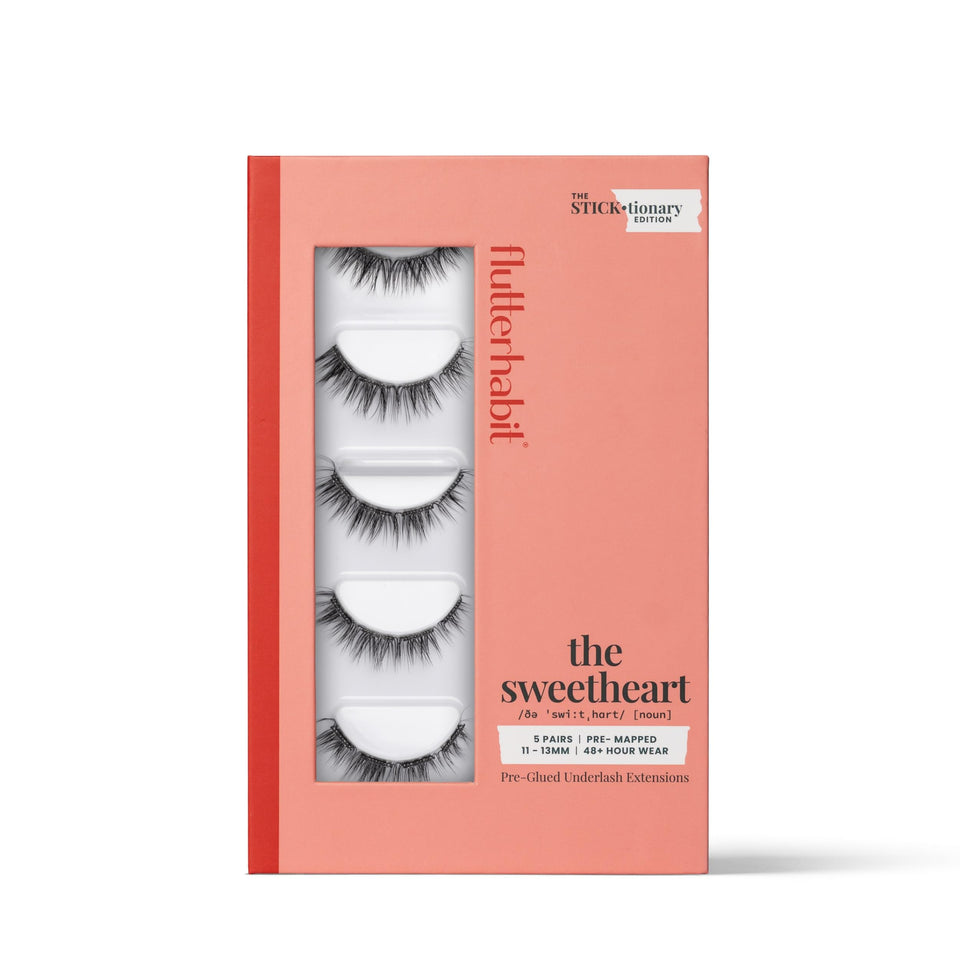FlutterHabit Sticktionary Sweetheart packaging showing all-in-one kit for natural lashes