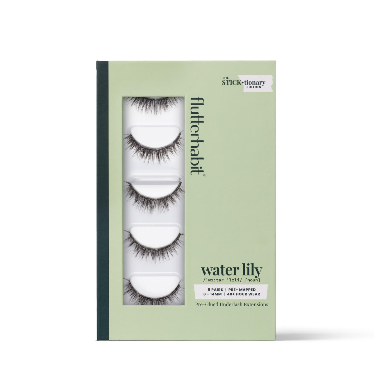 FlutterHabit Sticktionary Water Lilly pack close-up showing reusable self-adhesive lashes