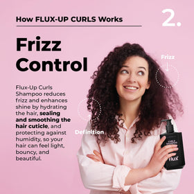 Flux Up Curly Conditioner bottle front highlights moisture retention and easy detangling