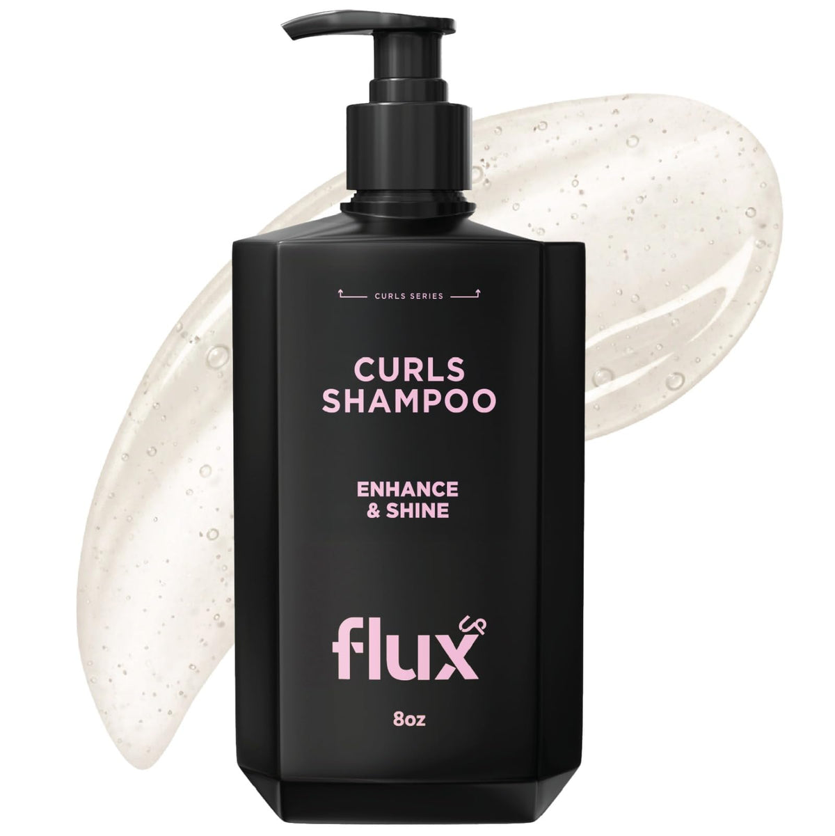 Flux Up Curly Shampoo bottle front shows a hydrating formula for defined curls