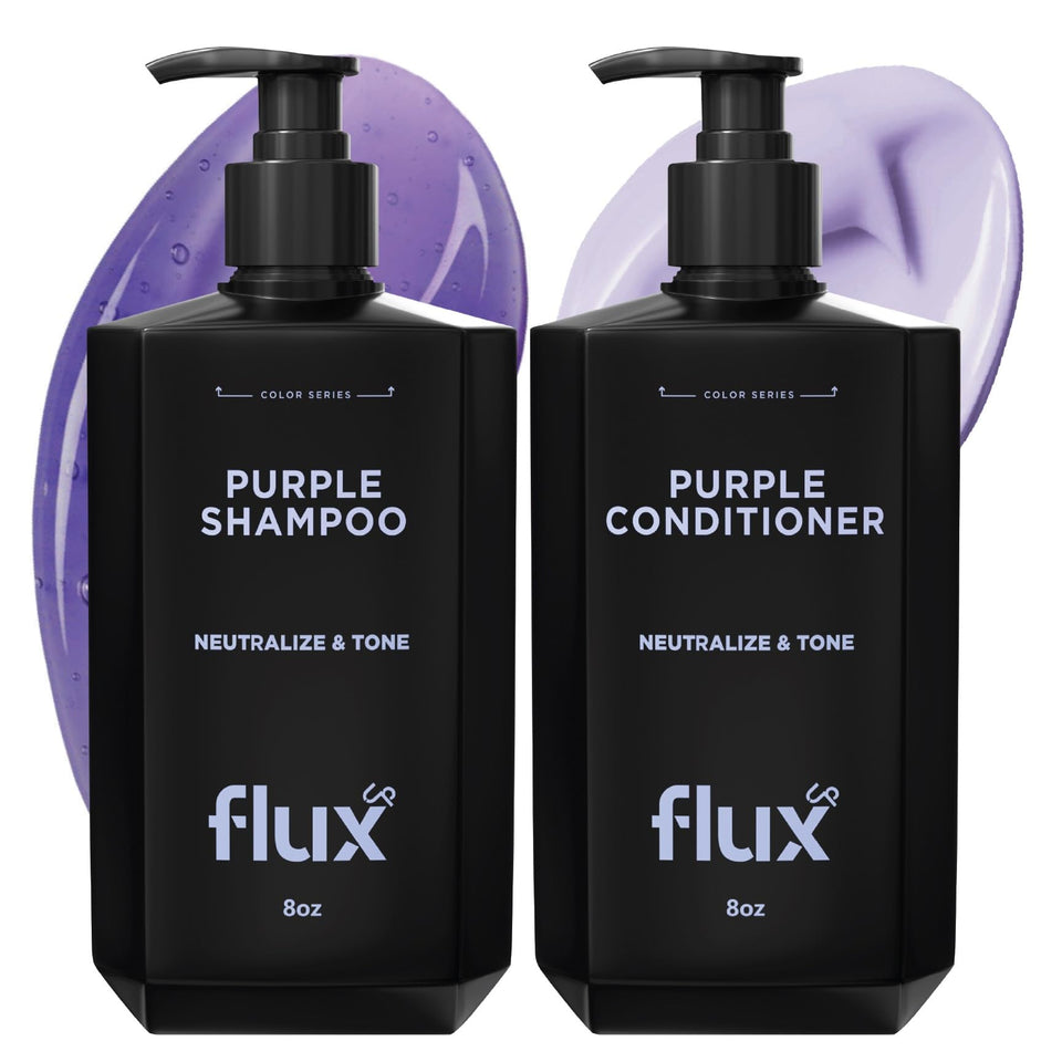 Flux Up Purple Shampoo bottle front shows violet pigments for cool blonde tones
