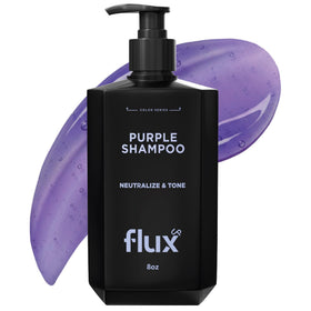 Flux Up Purple Shampoo bottle shows brass-control action for cooler blonde tones.