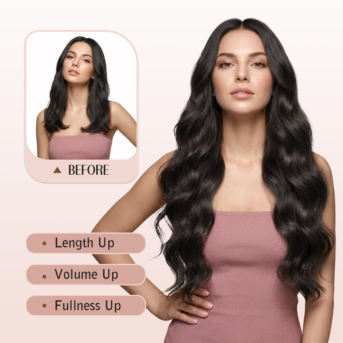Flvaco clip-in extensions in natural dark brown, 20 inch, 4-clip weft for quick volume.