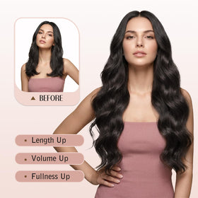 Flvaco clip-in extensions in natural dark brown, 20 inch, 4-clip weft for quick volume.