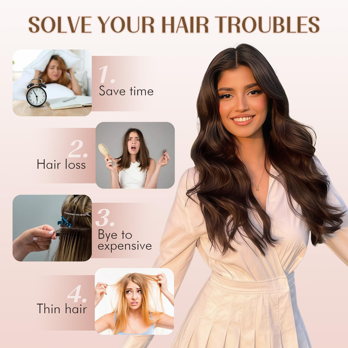 Flvaco clip-in extensions in natural dark brown, 20 inch, 5-clip weft for versatile styling.