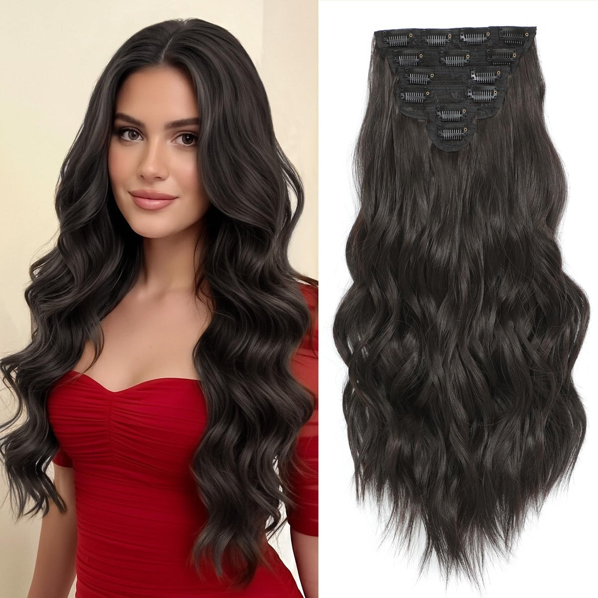 Flvaco clip-in extensions in natural dark brown, 20 inch, 7-clip weft for fuller look.