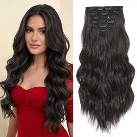 Flvaco clip-in extensions in natural dark brown, 20 inch, 7-clip weft for fuller look.