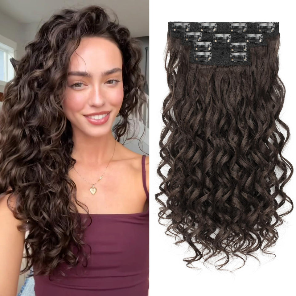 Flvaco curly clip-in extension 16in chocolate brown lace weft for seamless blend