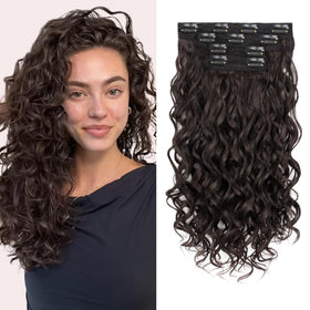 Flvaco curly clip-in extensions show 16-inch dark brown hair with a natural-looking lace weft.