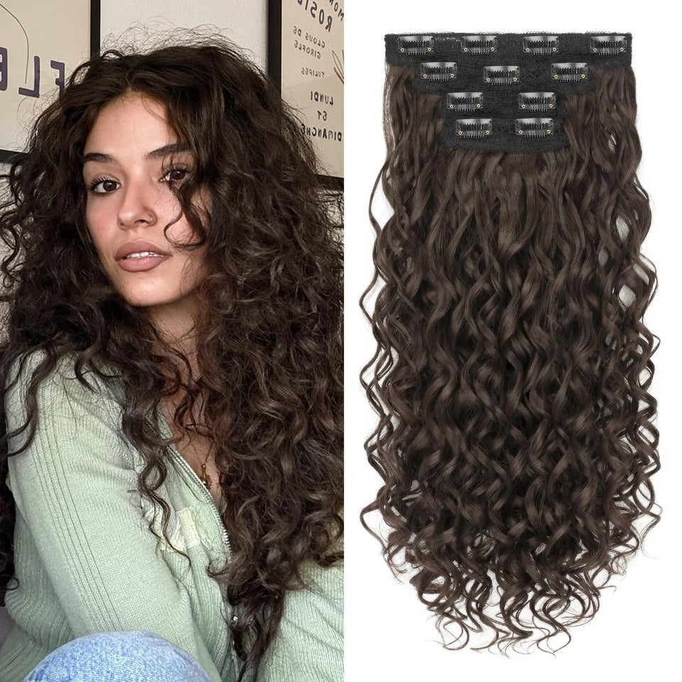 Flvaco curly clip-in extensions in chocolate brown add instant volume.