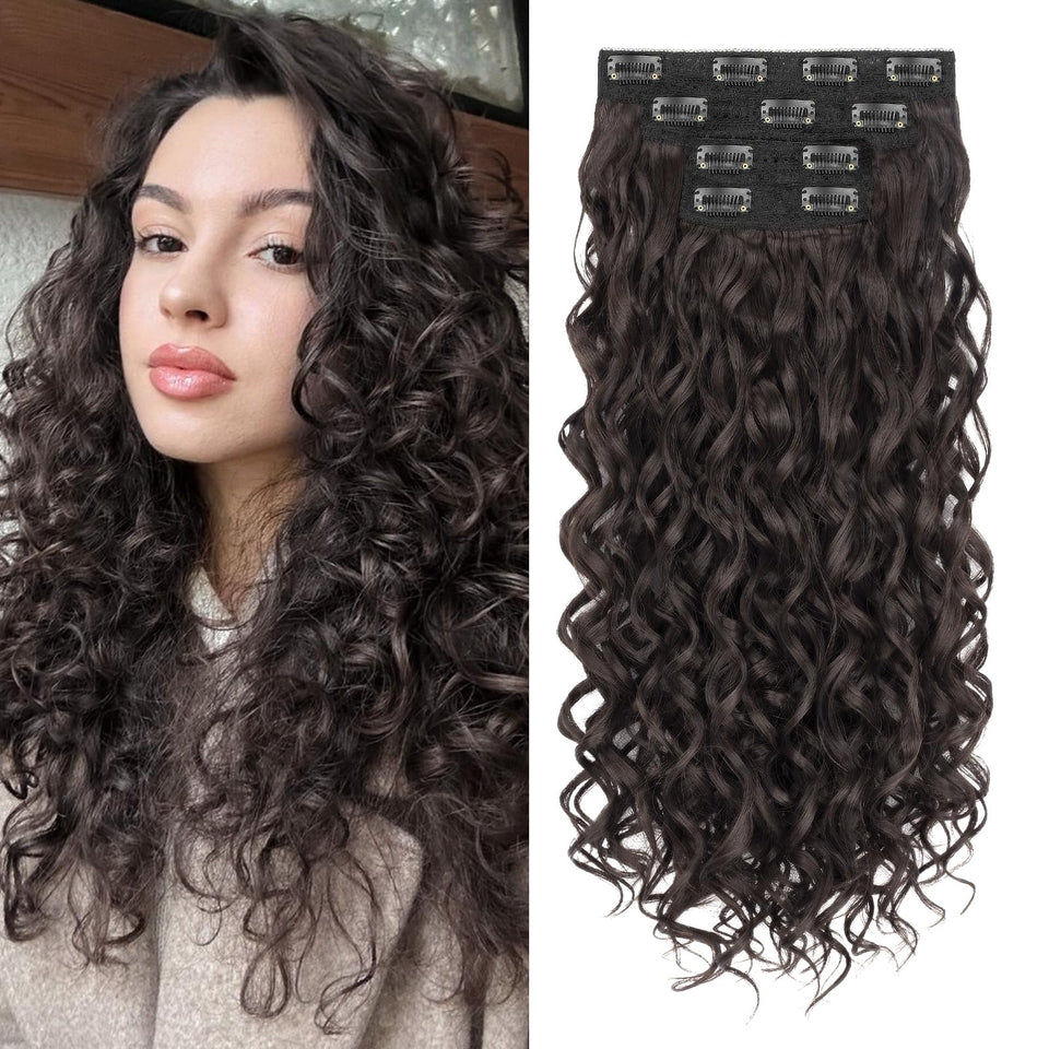 Flvaco curly clip-in extensions show 20-inch dark brown length for natural volume.