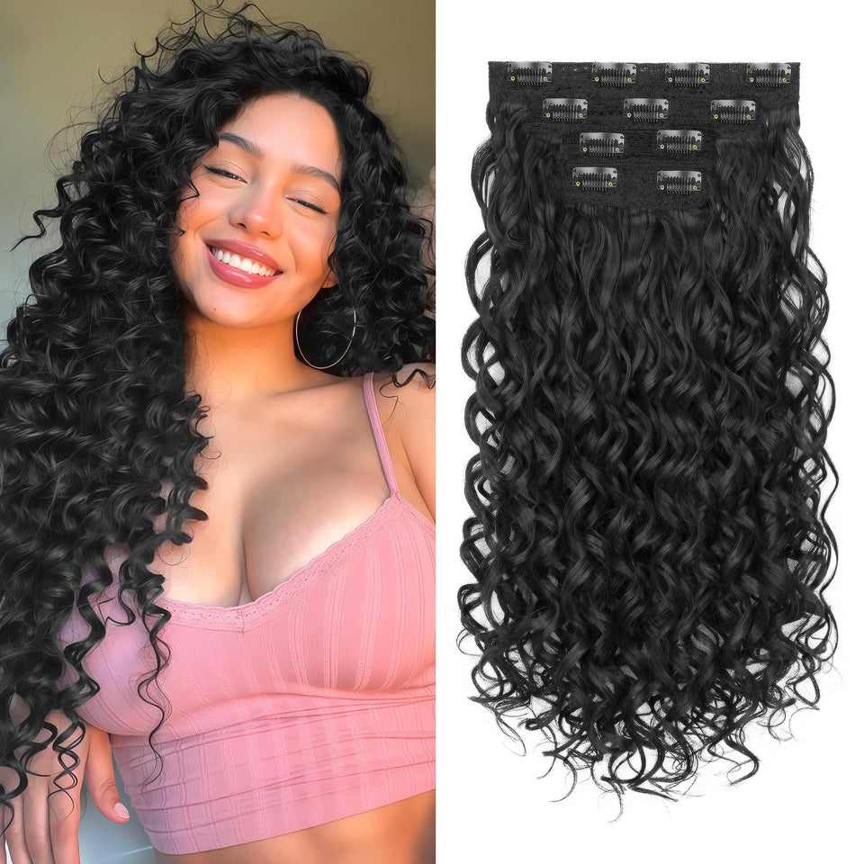 Flvaco curly clip-in extensions 20-inch natural black for seamless volume and blend.