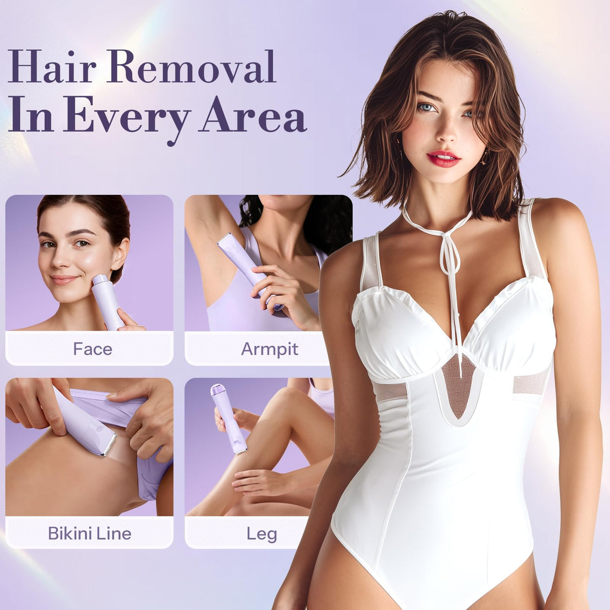 Flyant waterproof bikini trimmer being used in a shower setup for moistened skin grooming.