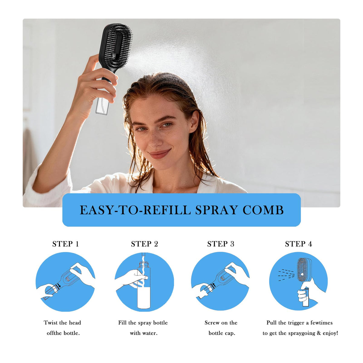 FlyLanyards detangler brush showing anti-frizz effect through mist and bristles
