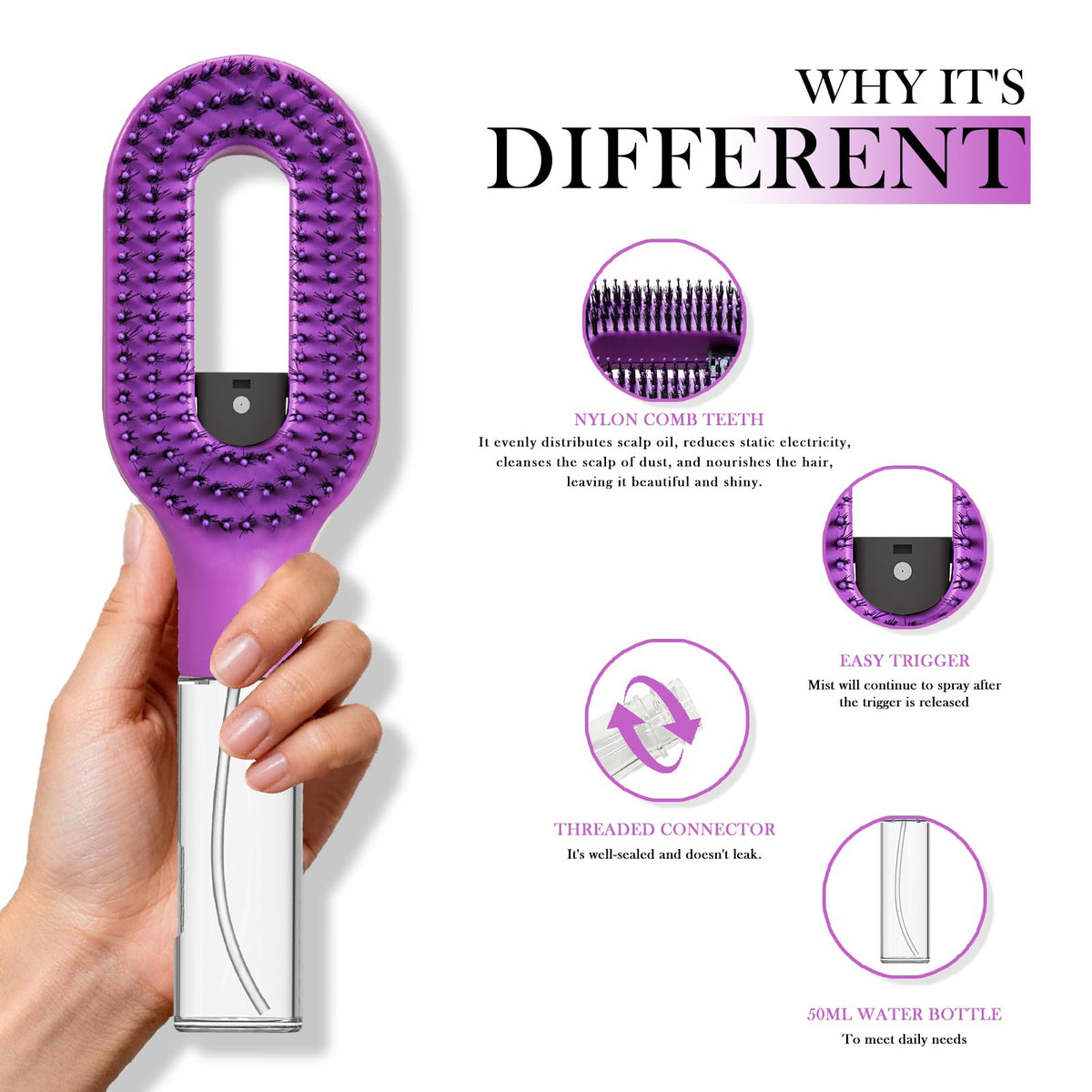FlyLanyards detangler brush mist reservoir visible in action for even moisture