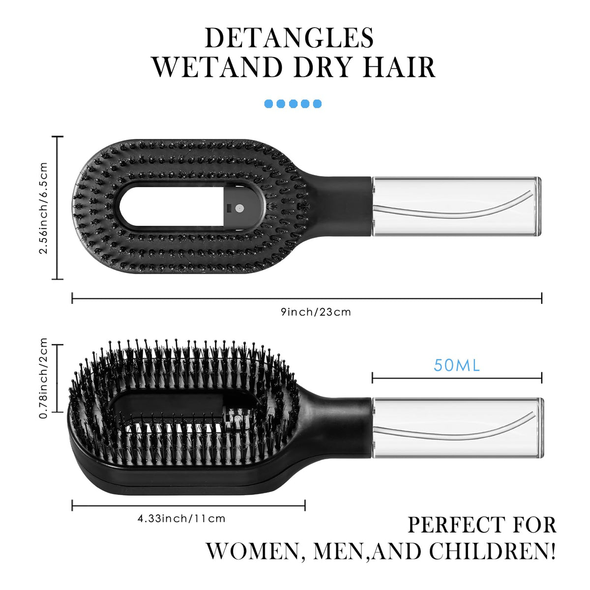 FlyLanyards detangler brush with built-in mist spray function releasing a fine mist