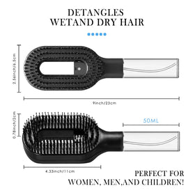 FlyLanyards detangler brush with built-in mist spray function releasing a fine mist