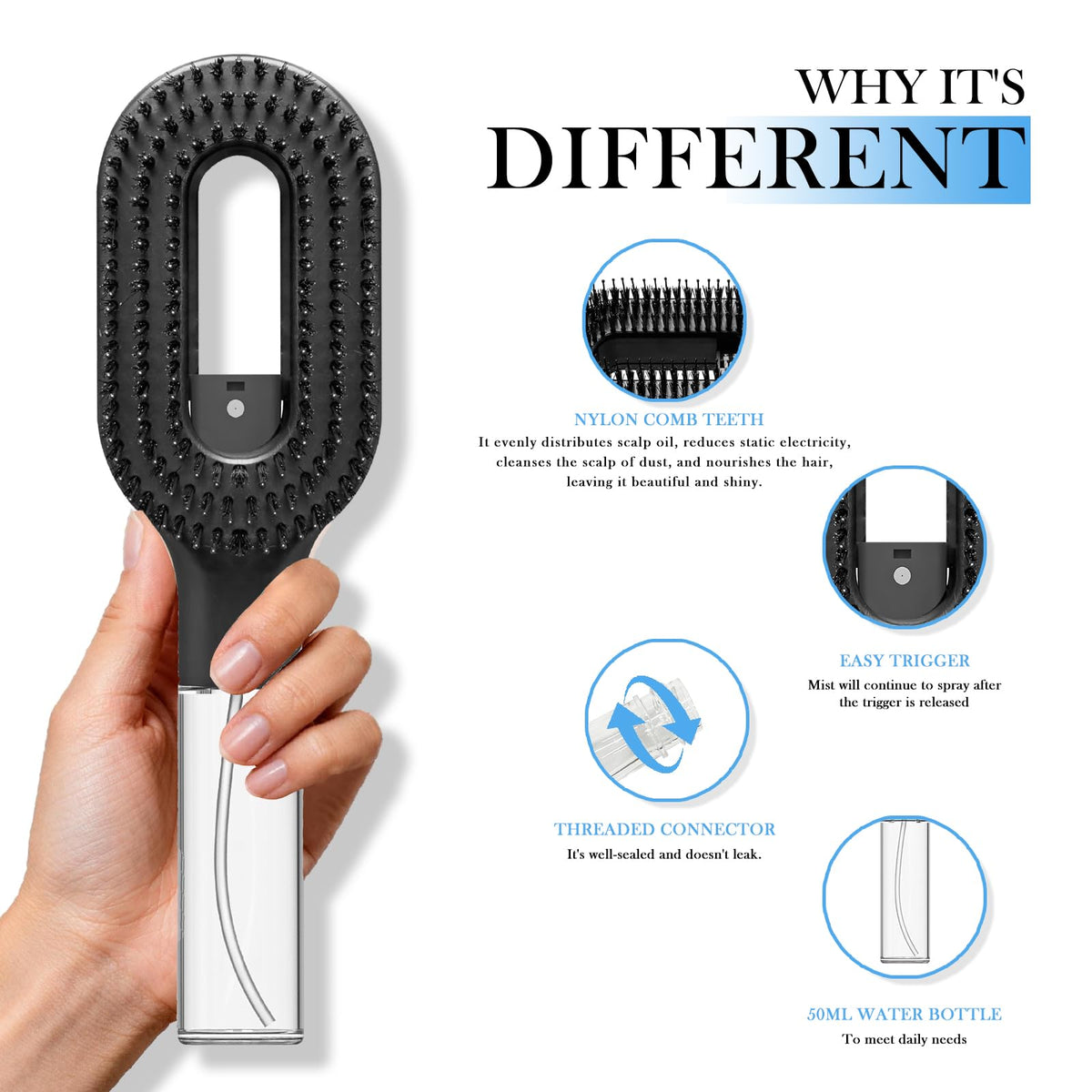 Close-up of FlyLanyards detangler brush with soft nylon bristles gliding through hair