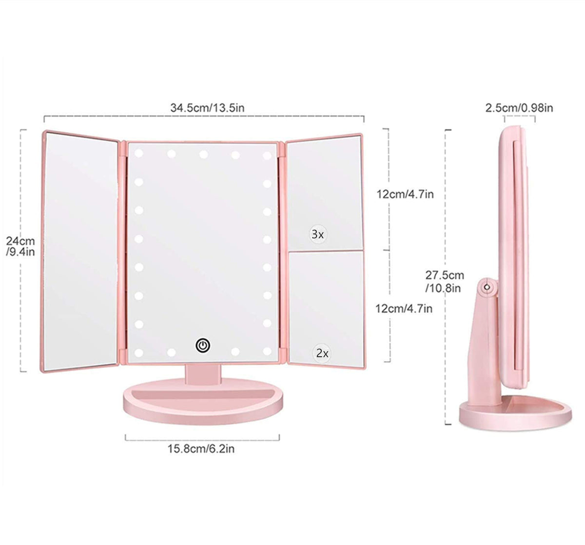 Flymiro mirror with 21 LEDs for bright, even makeup illumination.