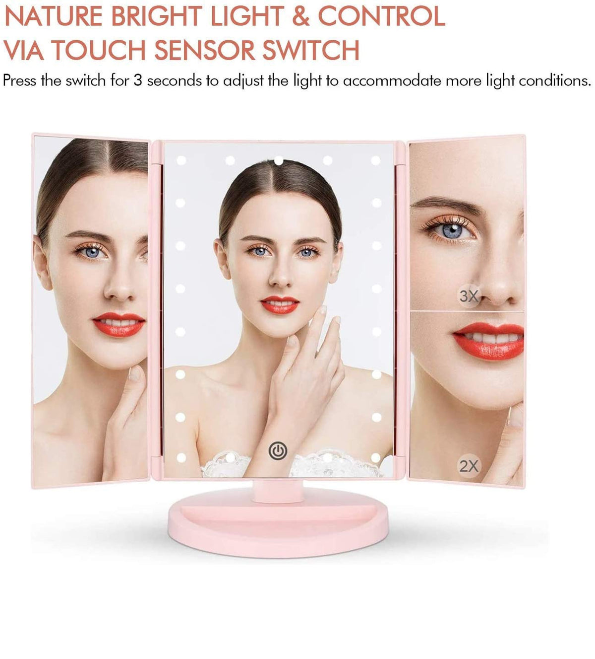 Flymiro tri-fold mirror right side 2x magnification for close-up makeup detail.
