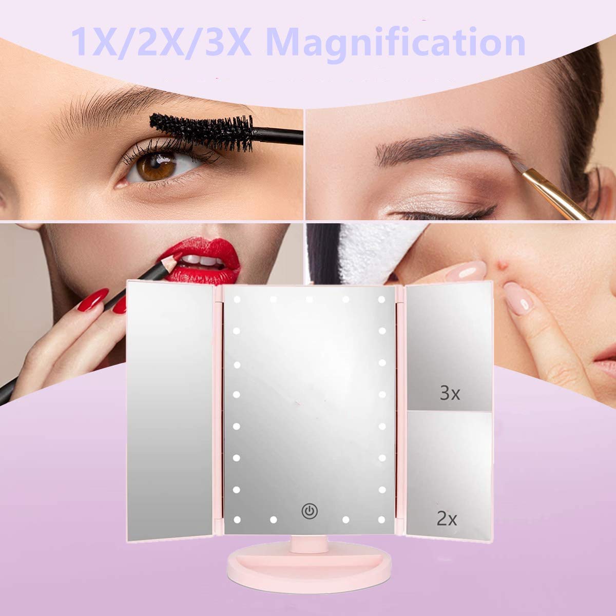 Flymiro tri-fold mirror right side magnification 3x for precise eyeliner and brow grooming.
